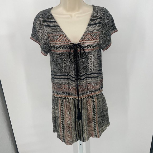 Cleobella Boho Shakira Romper Playsuit Sz Medium Short Sleeve Tassel Black Aztec - Picture 4 of 16